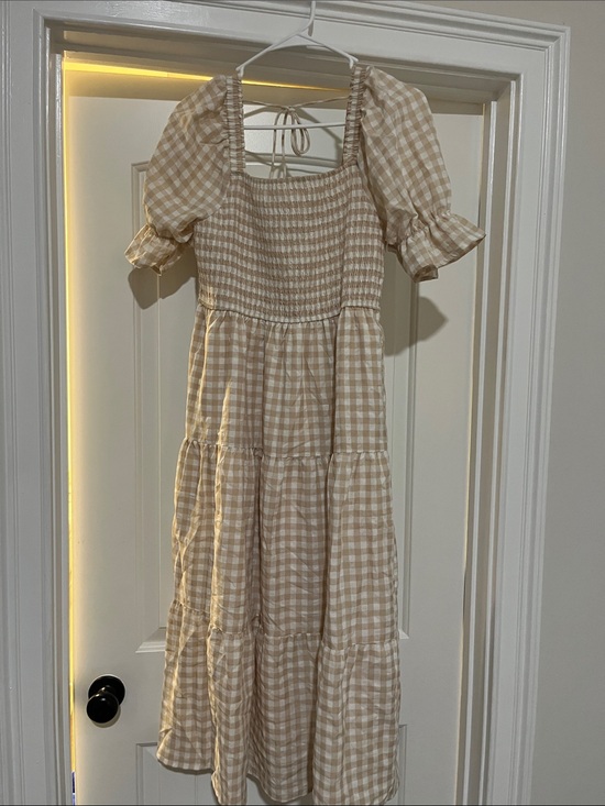 Dresses & Skirts - Beige Gingham Smocked Midi Dress